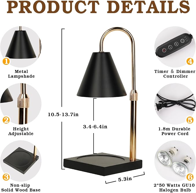 Candle Warmer Lamp with Timer Dimmer, Electric Candle Lamp Warmer for Bedroom Decor, Mothers Day Birthday Gifts for Women Mom, Height Adjustable Metal Candle Lamp, House Warming Gifts, Black