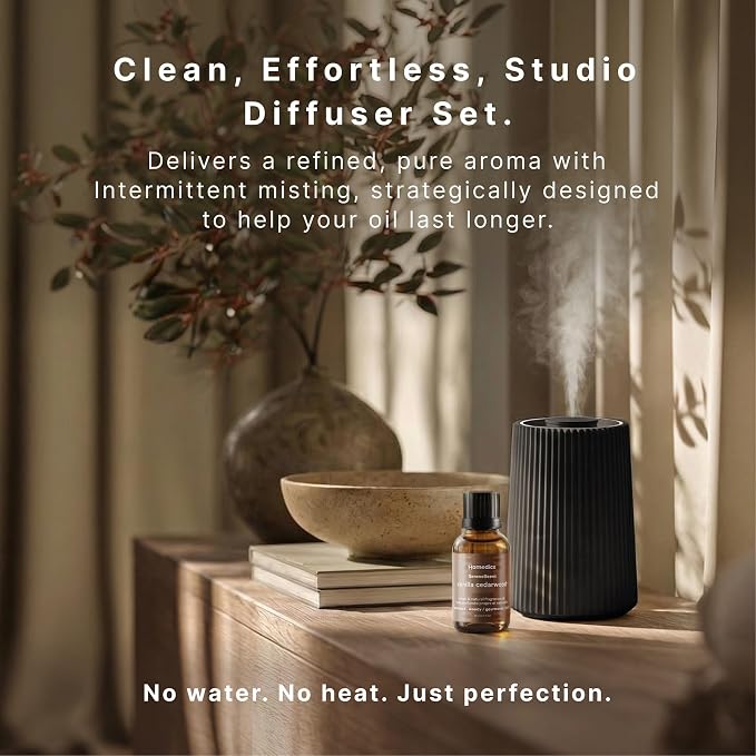 Homedics Waterless Essential Oil Diffuser with 15ml Vanilla Cedarwood Fragrance Oil. SereneScent Cordless Cold Air Scent Diffuser Starter Kit with Ambient Light, Studio 671 (Black)