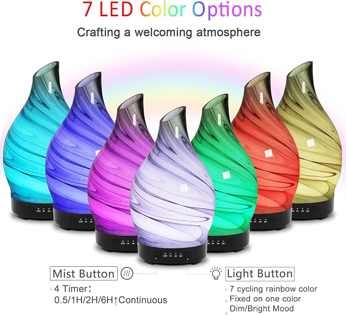 Essential Oil Diffuser 150ML, Glass Aromatherapy Diffuser with 4 Timer Settings & 7 Color Changing, Waterless Auto Shut-Off, Ultra Quiet Oil Diffuser, Mothers Day for Home, Office, Yoga, Spa