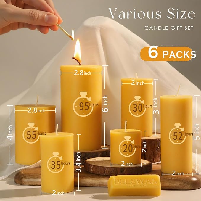 Beeswax Candles Set of 6, Non Toxic Natural Pillar Candle Bulk | Clean Burn, Paraffin Free, No Fragrance, Pet-Friendly, Assorted Size, Home Decor, Air Purify,Smokeless, Dripless, Emergency