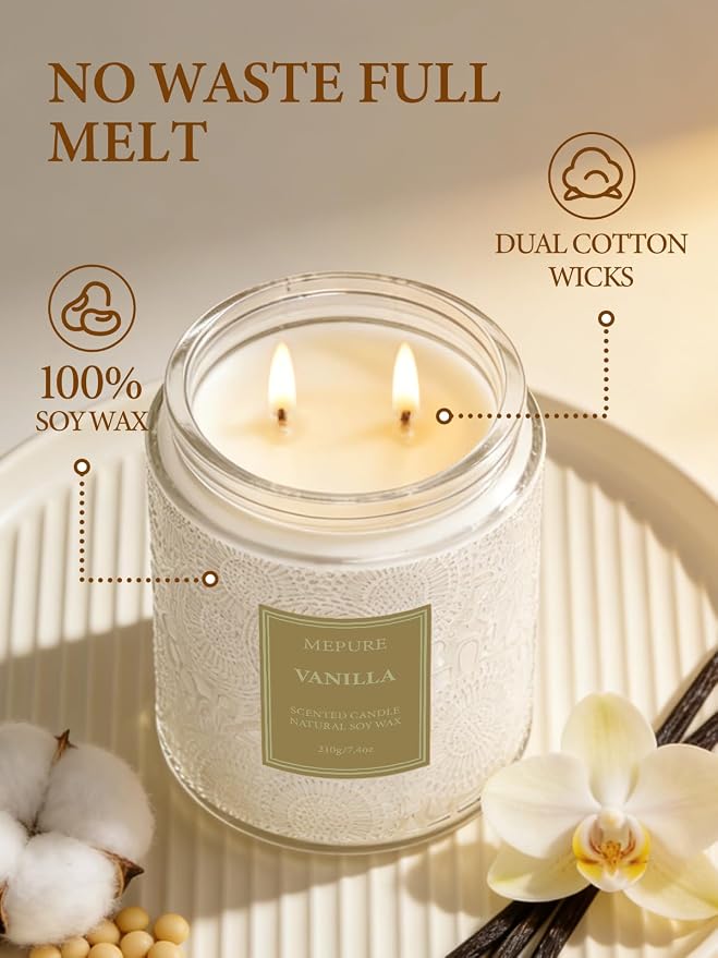 Cirhy Vanilla Scented Candle, White Candle–Home Scented Jar Candle with up to 50 Hour Burn Time, Natural Soy Wax, Dual Cotton Wicks, Aromatherapy for Sleep & Relaxation, Perfect Gifts for Women,7.4oz