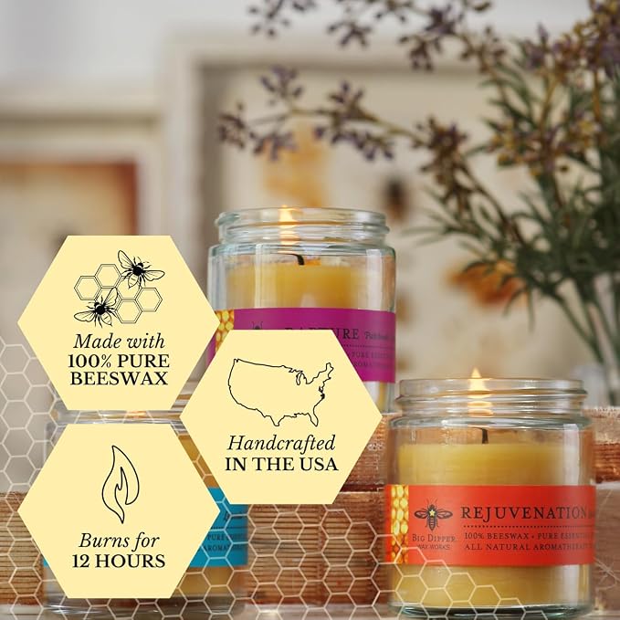 Big Dipper Wax Works Beeswax Aromatherapy Candle, Rejuvenation - Sweet Orange & Clove Bud, Apothecary Glass, Essential Oils, 100% Natural Beeswax, 20-Hour Clean Burn, Uplifting & Energizing, 2" x 2.5"
