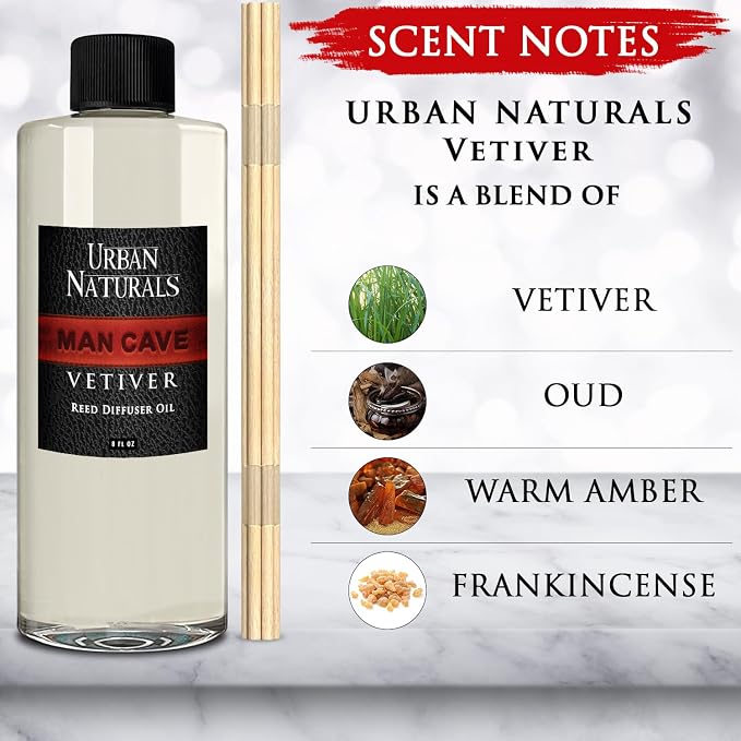 Urban Naturals Reed Diffuser Oil Refill Man Cave Vetiver with Oud, Amber, Frankincense 8 oz + Free Reed Sticks, Made in the USA