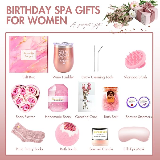 12 Piece Spa Gifts Set for Women, Self Care Gift Basket for Mom Wife Her, Relaxing Gifts with Eye Mask, Water Bottle, Bath Bombs, Aromatherapy for Valentines Day, Birthday, Christmas (Rose)