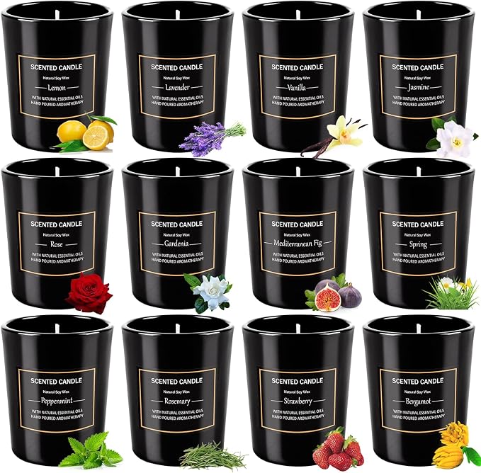 12 Pack Scented Black Candles Gift Set for Dad, Soy Wax Aromatherapy Candles for Home, 12 Masculine Fragrances, Gift from Daughter/Son for June Holiday, Stress Relief & Relaxation for Men