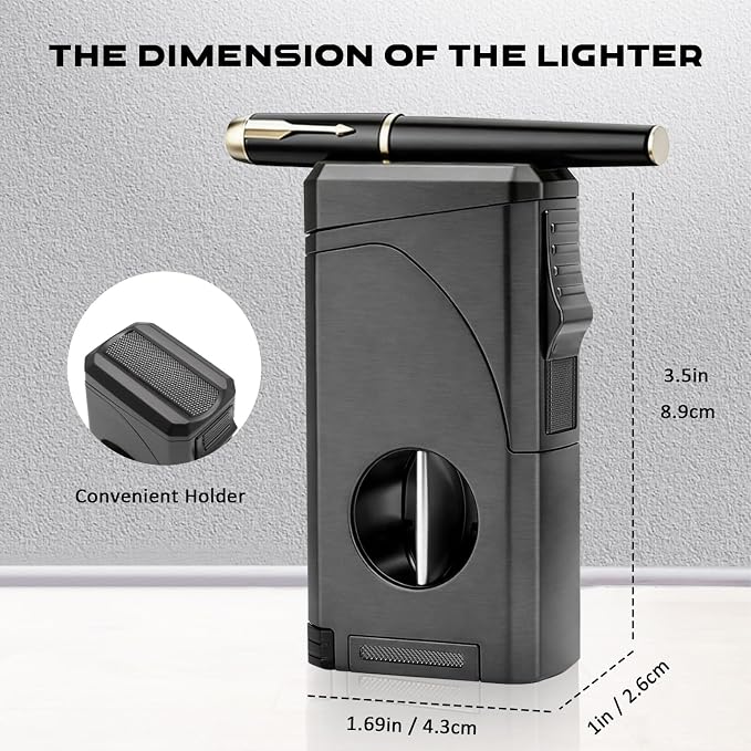 6-in-1 Triple Jet Butane Torch Lighter Built-in V & Straight Cutter, Punch, Holder, Draw Enhancer, Refillable Lighters and Windproof Gas Lighter for Candles, Cool Lighter for Men (No Gas)
