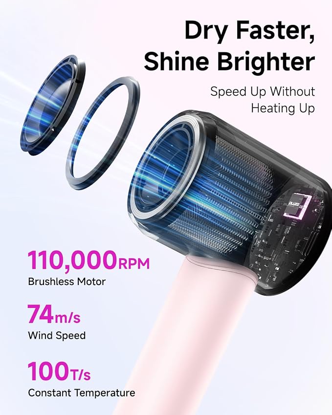 Professional Hair Dryer with Diffuser for Curly Hair, 400M Negative Ionic Blow Dryer for Fast Drying, 120,000 RPM High-Speed Brushless Motor, Low Noise Lightweight, Travel-Friendly (Pink)
