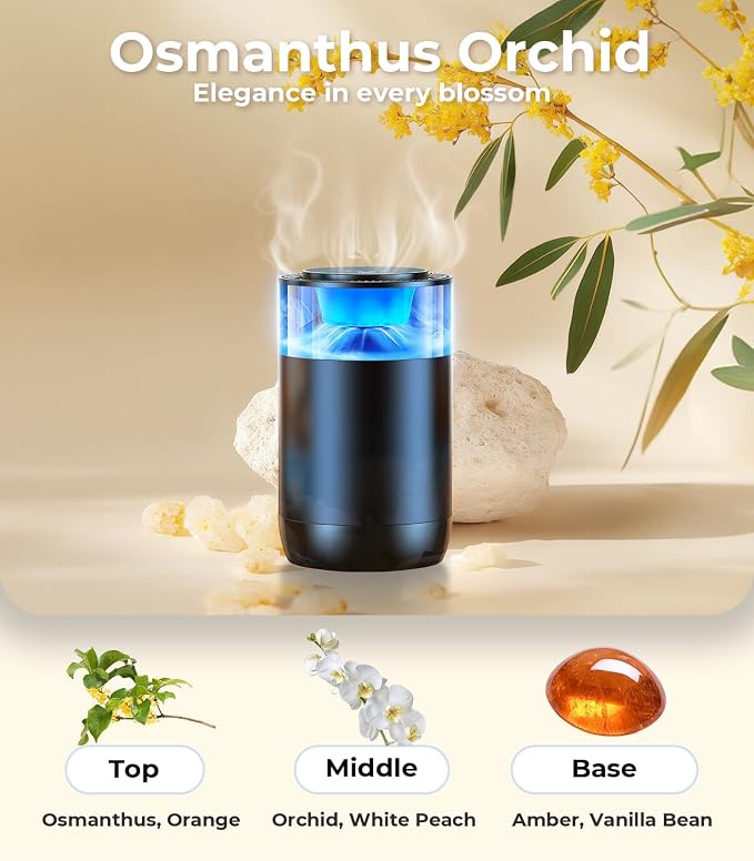 Hitolza Smart Car Air Fresheners, Ambient Light & Mist, Auto On/Off, Adjustable Intensity Car Air Freshener Diffuser, Fragrance Lasts 6 Months, Built-in Battery, Scent Refill X2 - Osmanthus Orchid