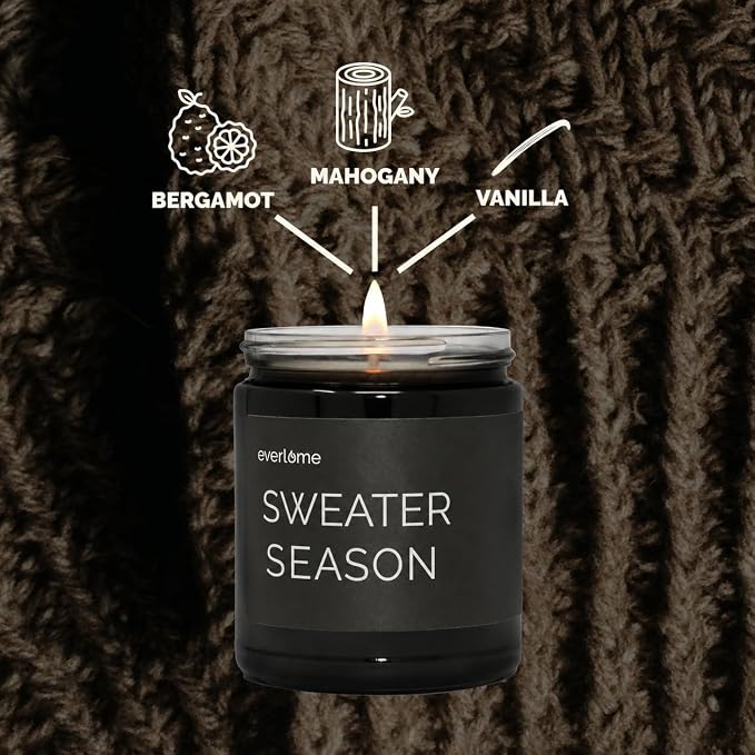 Premium Soy Wax Candle | Highly Scented Black Glass Jar Candles | Long Lasting, Clean Burn | 8 oz | Gifts for Man and Woman | Made in USA (Sweater Season)