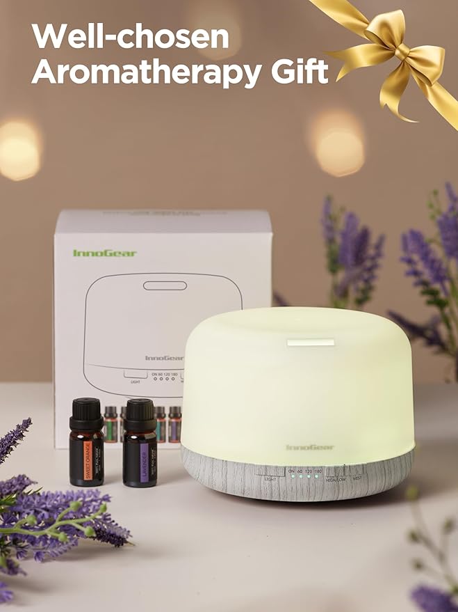 InnoGear Aromatherapy Diffuser & 10 Essential Oils Set, 500ml Essential Oil Diffuser with Remote Control Mother's Gift Ultrasonic Cool Mist Scent Humidifier Vaporizer Auto-Off Timer for Home, White