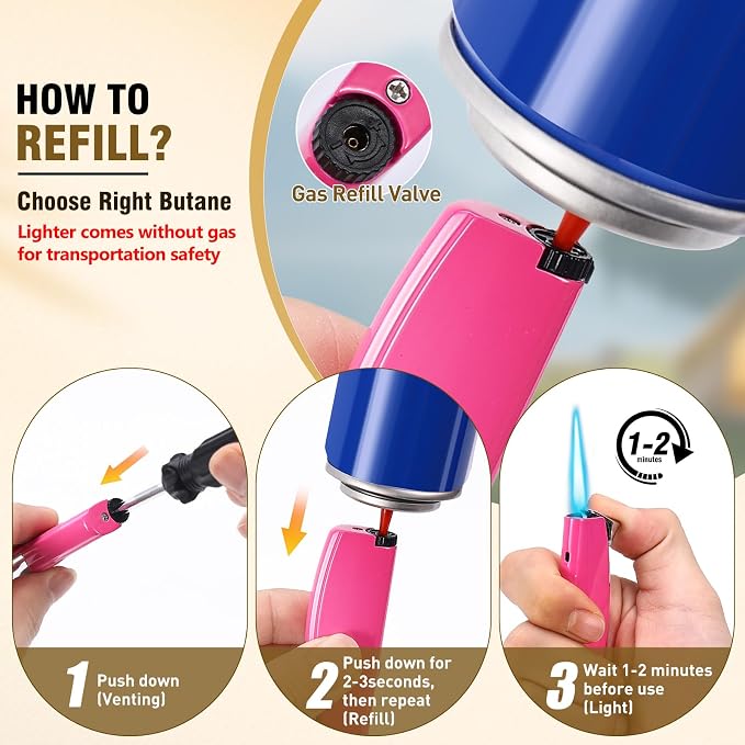 Women's Mini Butane Torch Lighter, Windproof Jet Flame Refillable Adjustable Candle Lighter for BBQ, Camping, Daily Use, Ideal Gift, 2 Pack (Pink, Butane Not Included)
