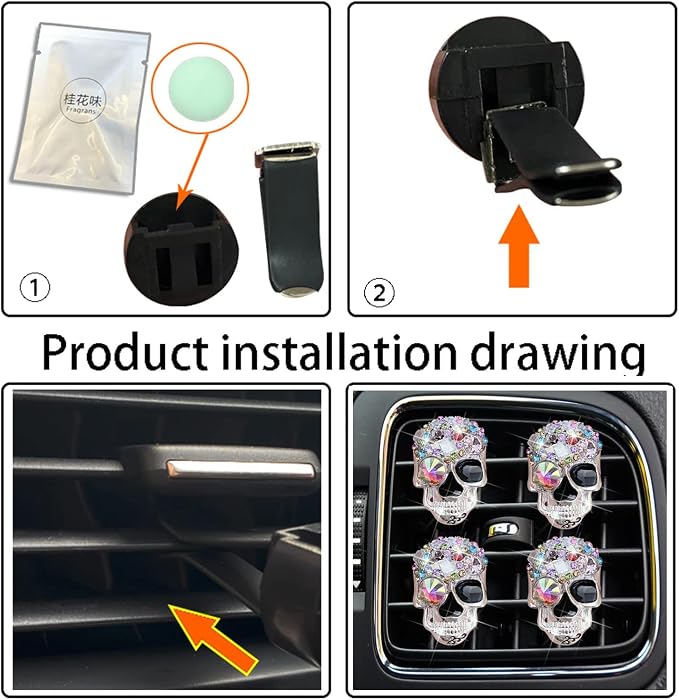 Bling Skull Air Vent Clips, 4 Pcs Crystal Skull Car Air Fresheners Vent Clips Car Diffuser Vent Clip Rhinestone Diamond Decoration Cute Interior Decor Bling Accessories for Women