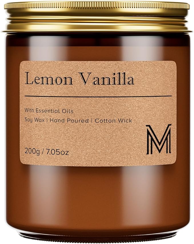 M&SENSE Lemon Vanilla Scented Small Candle, 7.5Oz Aromatherapy Candle for Home Fragrance, Soy Wax Candles Gift for Birthday, Housewarming, Amber Jar Candle for Stress Relief, Meditation, Yoga