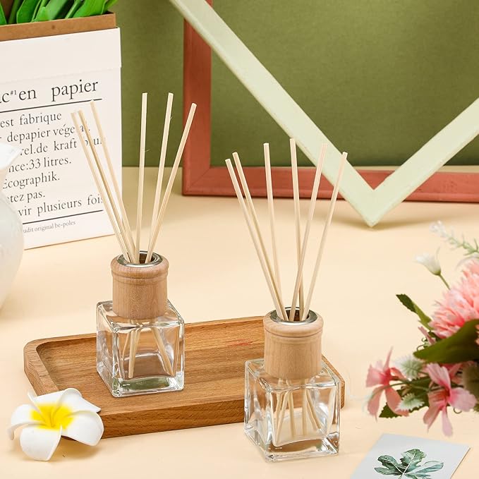 Roshtia 6 Set Reed Diffuser Bottle Empty Refillable Fragrance Glass Diffuser Bottles with Wooden Caps Rattan Sticks 50ml 1.7 oz Square Glass Jars for DIY Fragrance