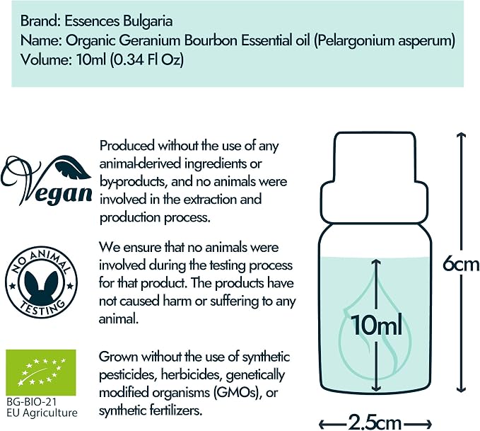 Essences Bulgaria Organic Geranium Bourbon Essential Oil 0.34 Fl Oz | 10ml | Pelargonium asperum | 100% Pure and Natural | Undiluted | Therapeutic Grade | Aromatherapy | Cosmetics | Cruelty Free