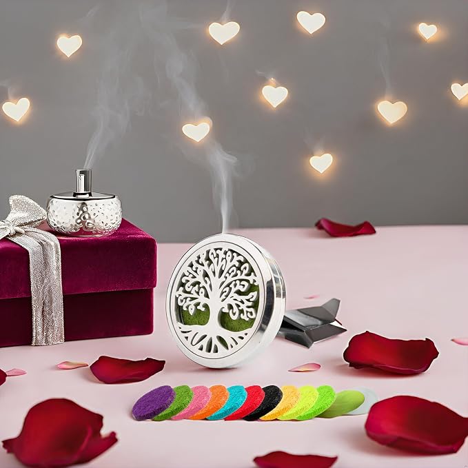 AUEAR, Car Diffuser Vent Clips Tree of Life Aromatherapy Essential Oil 30mm Stainless Steel Air Fresheners Lockets with 10 Felt Refill Pads for Women Men (Style D)