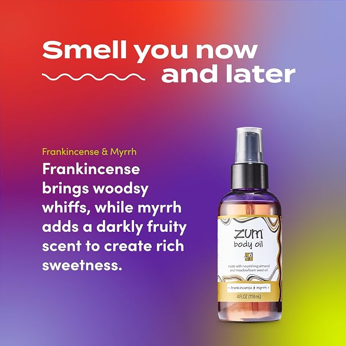 Indigo Wild Zum Frankincense & Myrrh Body Oil - Nourishing Body Massage Oil for Massage Therapy & Hydration - Nourishing, Vegetarian Massaging Oil with Sweet Almond Oil - 4 fl oz