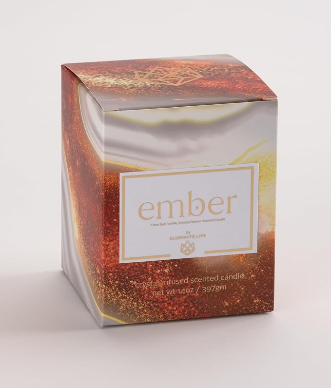 Luxury Glass Jar Seasonal Candle, 14 OZ, Ember - Amethyst & Clear Quartz Crystal Infused - Holiday Scents of Clove Bud, Vanilla, and Smoked Vetiver - Coconut Wax, Essential Oils