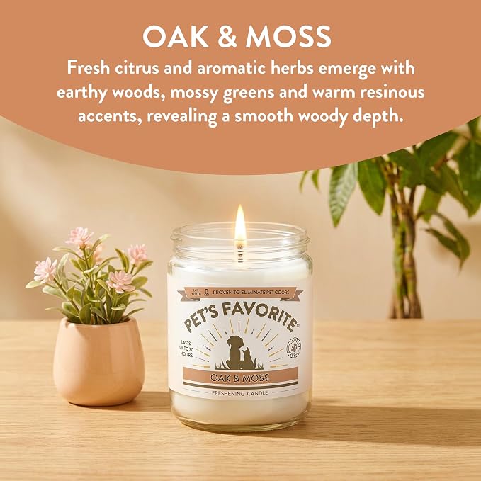 Pet's Favorite Pet Odor Candle, Clean Burning, Long Lasting Oak Scented Candle with a Natural Fiber Wick and 70 Hour Burn Time, Oak and Moss - Pack of 2