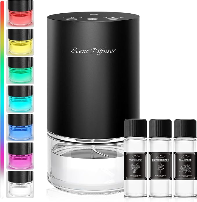 Waterless Essential Oil Diffuser Stater Kit - Included 3x20mL Essential Oils, Battery Operated, Cold Air Scent Diffuser for Home, Car, Office, Portable Diffuser with 7-Color Light, 100mL, Black