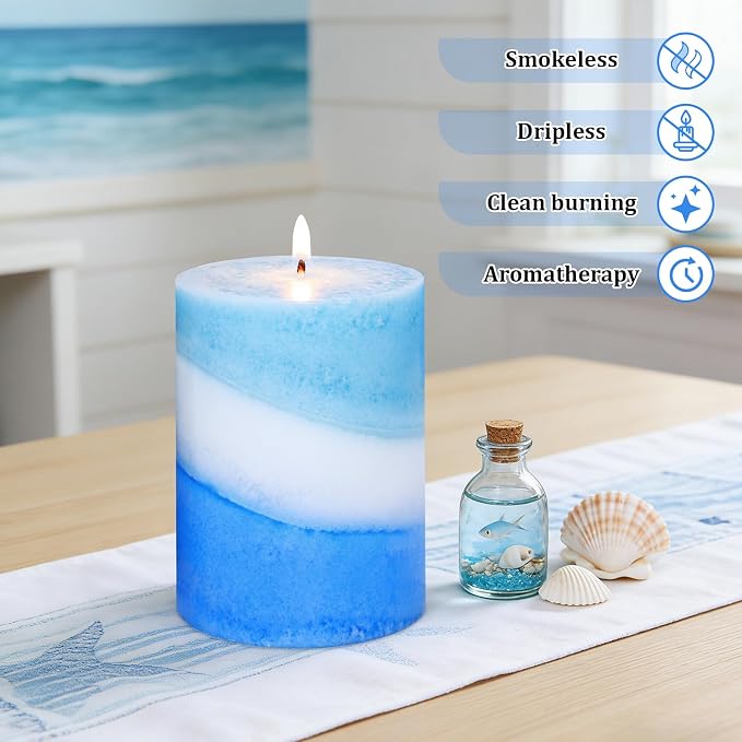 Crystal Club Ocean Scented Pillar Candles Set of 3, 3x4 Inch Blue Coastal Candles, Long Burning 40+ Hours, Smokeless & Dripless, Beach Home Decor for Living Room Bathroom Gift