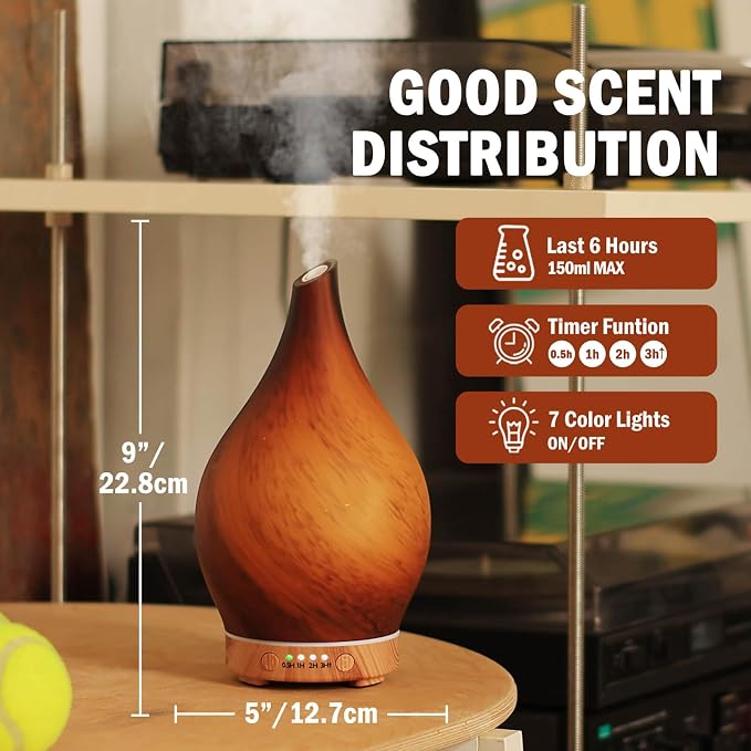 Porseme 150ml Essential Oil Diffuser Glass Color Changing Aroma Air Diffusers Aromatherapy Ultrasonic Cool Mist Humidifier 6 Running Hours Waterless Auto-Off for Sleeping Yoga Office Spa (Caramel)