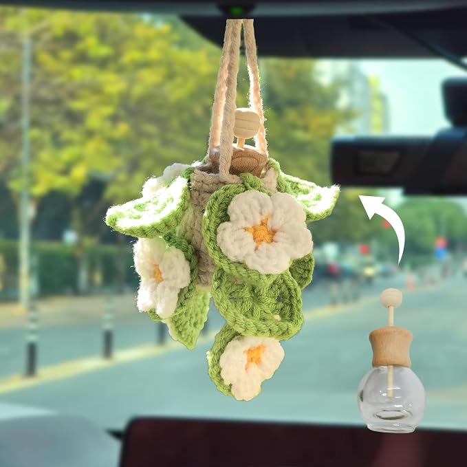 Crochet Car Air Freshener Succulent Daisy Accessories - 12ml Empty Refillable Oil Diffuser Bottle, Crochet Hanging Plant Car Decor Mirror Accessories For Women and Men