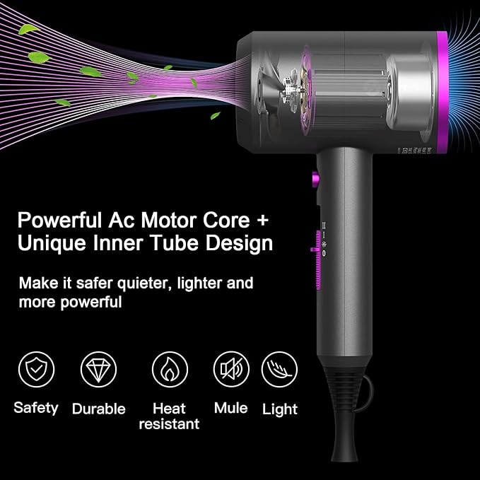 slopehill Professional Ionic Hair Dryer, Powerful 1800W Fast Drying Low Noise Blow Dryer with 2 Concentrator Nozzle 1 Diffuser Attachments for Home Salon Travel