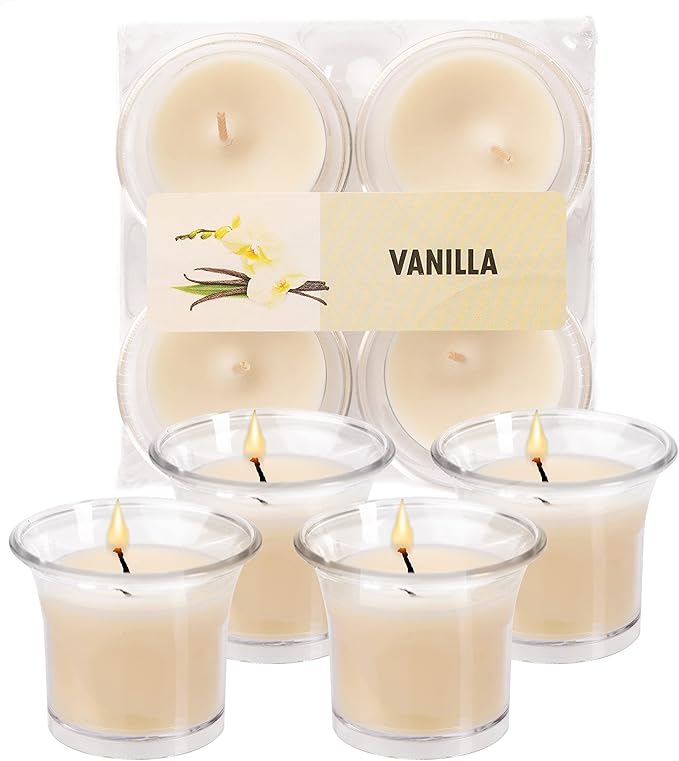 HYOOLA Clear Cup Scented Votive Candles - Vanilla - 12 Hour Burn Time - 4 Pack - European Made
