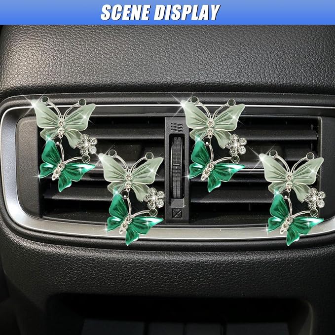 ZIMISI Car Vent Clip, Dual Butterfly Air Vent Clips, Bling Diamond Car Diffuser Clips, Cute Air Conditioning Outlet Decoration, Butterfly Car Accessories for Women (4Pcs/Green)