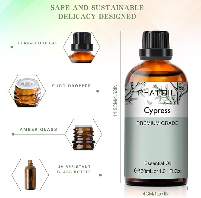 Cypress Essential Oil, 1.01Fl.Oz (30ML) PHATOIL Pure Essential Oil Singles for Aromatherapy Diffusers, Humidifiers, Great for DIY Candle and Soap Making, Gift for Friend
