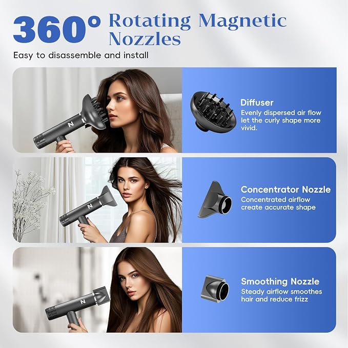 Natrial Ionic Professional Hair Dryer with Diffuser for Curly Hair,1600W&110000RPM High Speed Blow Dryer for Women,Fast Drying,Lock Function,Low Noise,Lightweight for Home Travel Salon,Mid Gray
