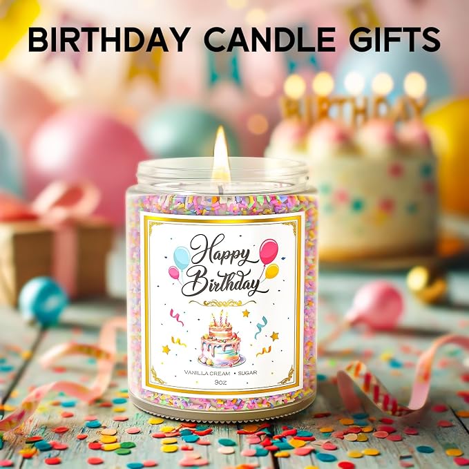 VEGISHINE Birthday Candles Gifts for Women, Birthday Gifts for Women Men, 9 oz Happy Birthday Candle with Vanilla Birthday Cake Scent, Women Friendship Ideas