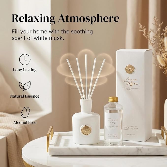 Reed Diffuser Set-White Musk-Strong Scent,Long-Lasting Evaporation with Natural Reed Sticks & Essential Oils, Elegant Fragrance for Bathroom Bedroom OfficeDecor Air Fresh-Ideal Gift