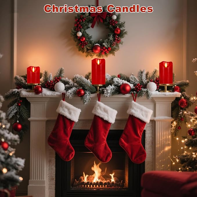 VEEKI Flameless Candles Lights, Set of 3 Flickering LED Candles with Remote & Timer, Dimmable Real Wax Electric Pillar Candles Battery Operated, Red Candles for Home Christmas Decor (Red)