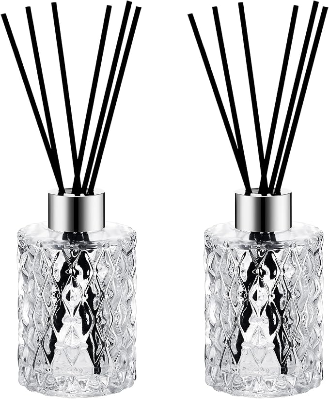 Norme 2 Set Empty Reed Diffuser Bottle Set with Stick, 150ml/5oz Clear Diffuser Glass Jars with Black Rattan Reed & Cap, for DIY Essential Oil, Fragrance, Home Fragrance, Bulk (Silver)