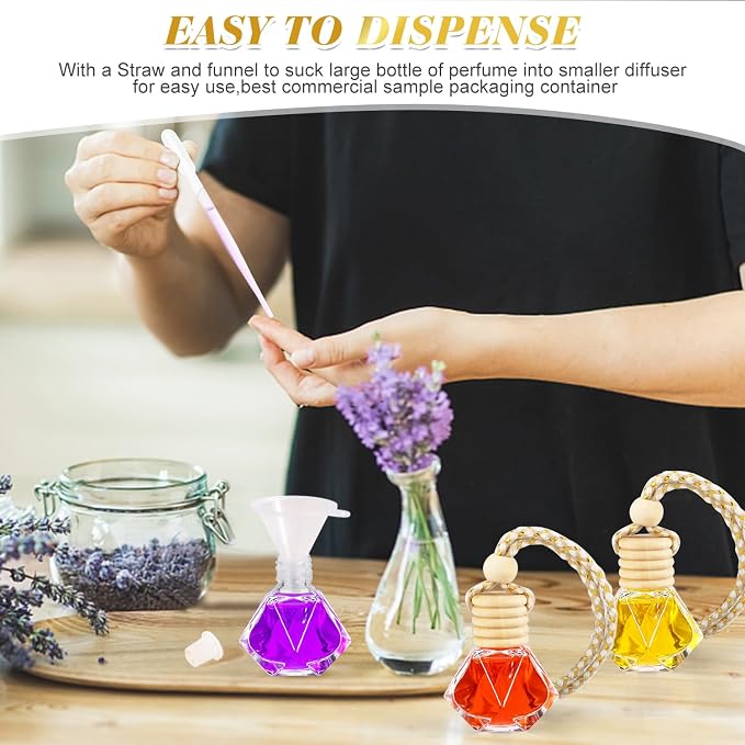 100 Pcs 8ml Hanging Car Air Freshener,Empty Clear Glass Essential Oil Diffuser Perfume Aromatherapy Pendant Bottle Vials Ornament Decor With Wooden Caps & Hanging String-Diamond Shape