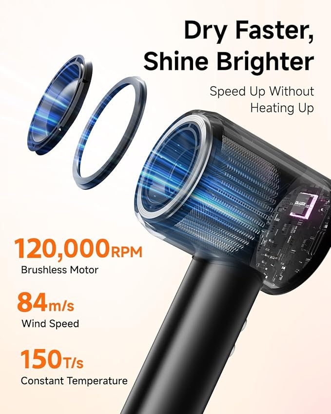 Professional Hair Dryer with Diffuser for Curly Hair, 400M Negative Ionic Blow Dryer for Fast Drying, 120,000 RPM High-Speed Brushless Motor Low Noise Lightweight, Travel-Friendly (Black)