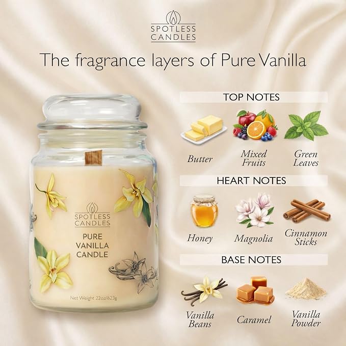 Vanilla Candle 22oz: 130 Hour Burn, Large Jar Scented Soy Wax Candle, Wooden Wick, Warm Vanilla Sugar, Luxury Gift Box, Home Decor by Spotless Candles
