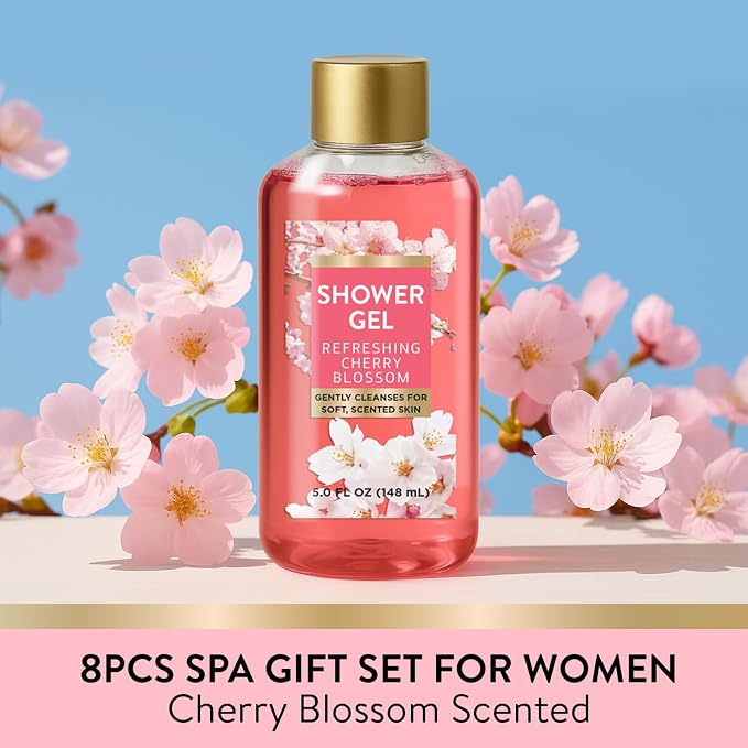 Spa 8pcs Bath Set for Women Cherry Blossoms | Bath Set with Face Mask Brush, Loofah, Gifts for Her