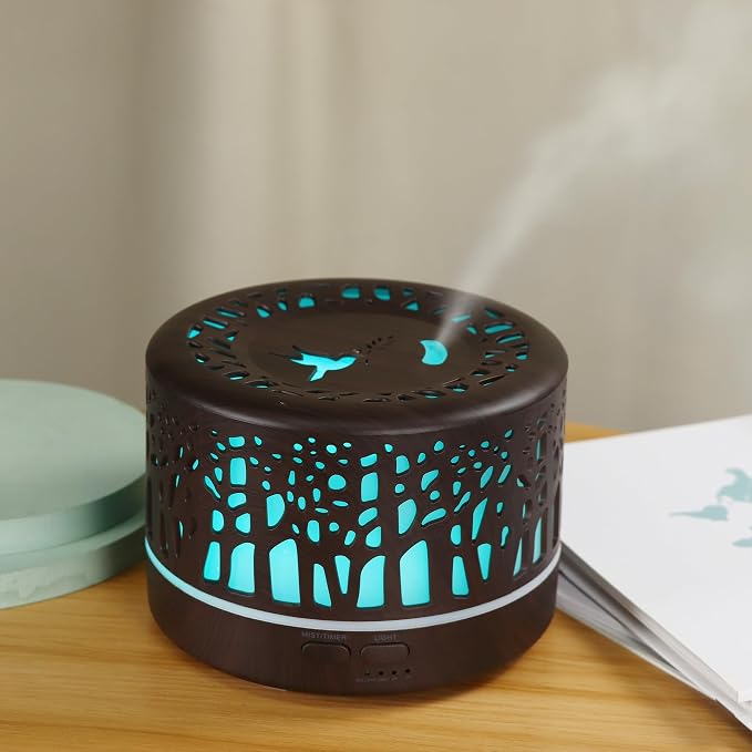 Wild Essentials 700ml Designer Large Room Essential Oil Diffuser, 5 in 1 Ultrasonic Aromatherapy Vaporizer Cool Mist Humidifier, Home, Office Bedroom, Timer, Auto-Off, 7 Color LED (Dark Wood Trees)