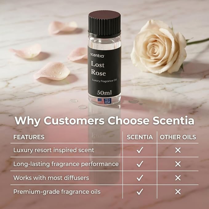 Scentia Lost Rose Hotel Scent Diffuser Oil – Luxury Fragrance Inspired by Fairmont – 50 mL – Rose, Oud Wood & Clove Essential Oil Blend for Home, Office & Aromatherapy Diffusers, Made in USA
