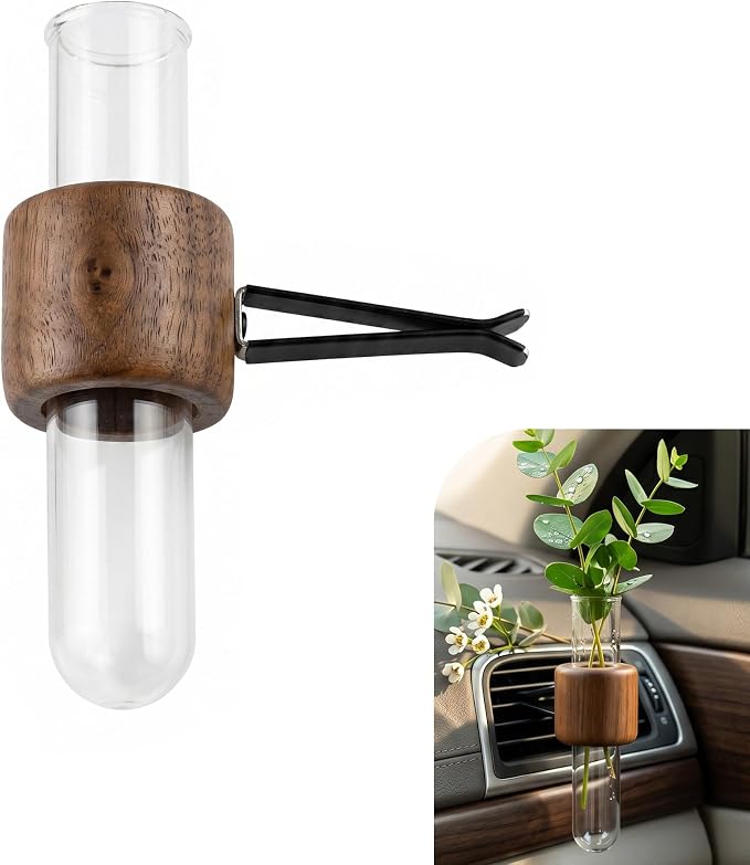 Car Vent Clip Bud Vase, Car Air Vent Propagation Vase Diffuser, Glass Tube Plants Ornamental Decoration, Universal for Horizontal, Vertical, Angled Outlets (Round Walnut)
