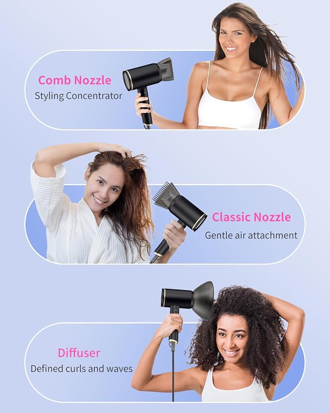 Foldable Portable Ionic Hair Dryer 1600W - Compact Mini Blow Dryer with Diffuser, Concentrator & Comb Nozzle, Intelligent Temperature Control, Low Noise for Home, Salon & Travel (Black)