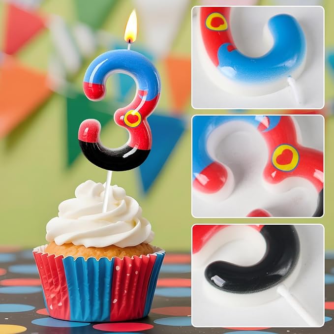 Number 3 Birthday Candle for Cake – Red Blue Cartoon Hero Style with Heart Design – Cute Cake Topper for Birthday Party Decoration