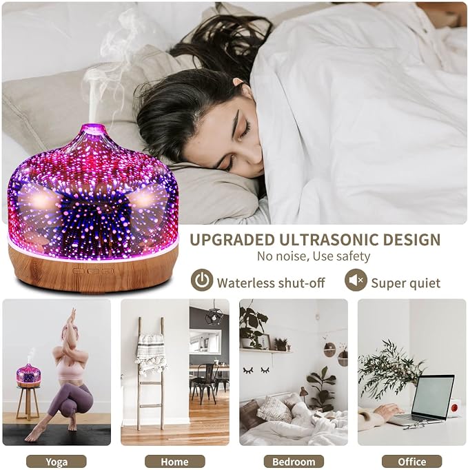 Porseme 500ml Essential Oil Diffuser 3D Glass Aromatherapy Ultrasonic Humidifier-Auto Shut-Off, Timer Setting, BPA Free for Home Hotel Yoga SPA Gift