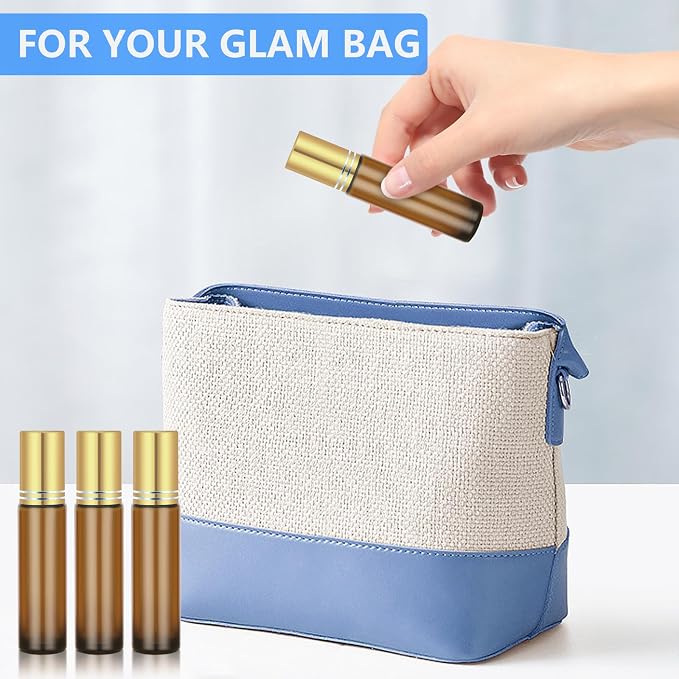 DTDNZKN 4 Pack of 0.34 Oz (10ml) Essential Oil Roller Bottles - Refillable, Leak-proof Amber Glass Roll-on Bottles with Stainless Steel Roller Balls, Metal Caps, and Labels Included