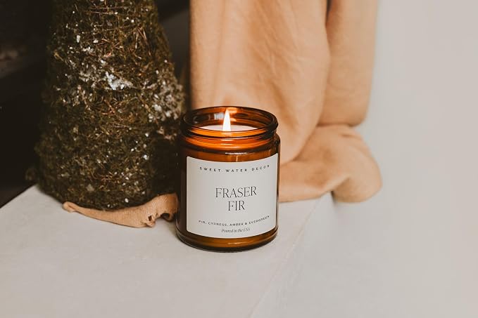 Sweet Water Decor Fraser Fir Christmas Candles - Christmas Stocking Stuffers Cypress, Evergreen & Pine Scented Candles - Scented Candles with 40 Hrs Burn Time - 9Oz Black Lid Amber Jar Wax Candles