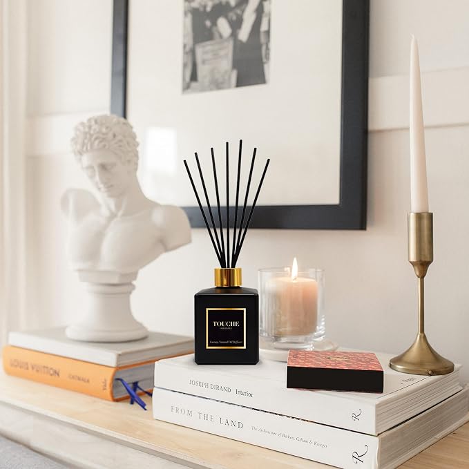 Touche Luxury Natural Reed Diffuser. Long Lasting Scented Home Fragrance. Natural Essential Oil Alcohol-Free. 4.75 OZ. Glass Bottle (Fig & Sandalwood - Black Bottle)