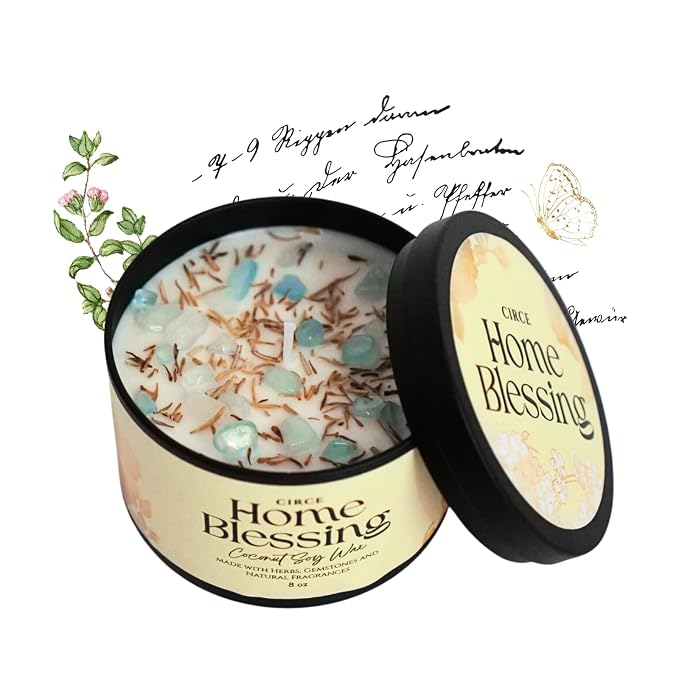 Circe Spell Candle “Home Blessing” Coconut Soy Wax Candle Jar – Premium Hand Poured & Long Burning – Herbs, Crystals & Natural Fragrance Oils- Peaceful, Cleansed & Loving Space - Self Care, Gift- 8oz